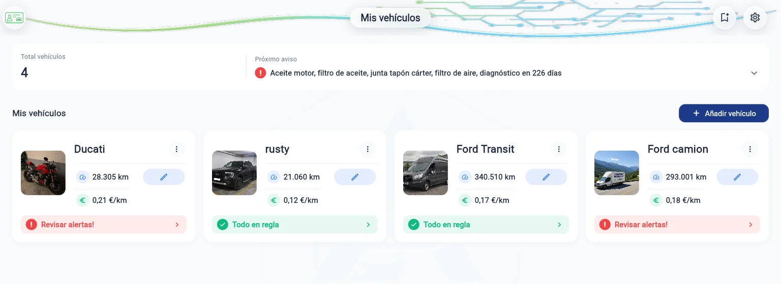 My Healthy Car en el navegador de un ordenador: la lista de vehículos con su kilometraje, coste por kilómetro y estado de alertas